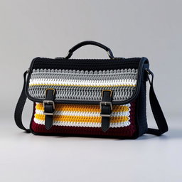 A stylish messenger bag designed with crochet, shaped like a briefcase