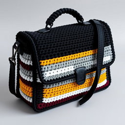 A stylish messenger bag designed with crochet, shaped like a briefcase