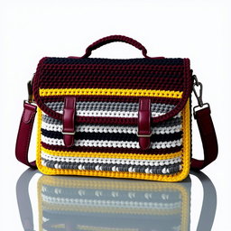 A stylish messenger bag designed with crochet, shaped like a briefcase