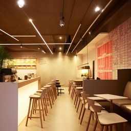 Interior design of a 10m x 10m coffee shop featuring a customer seating hall, warm lighting, stylish furniture, and an inviting counter.