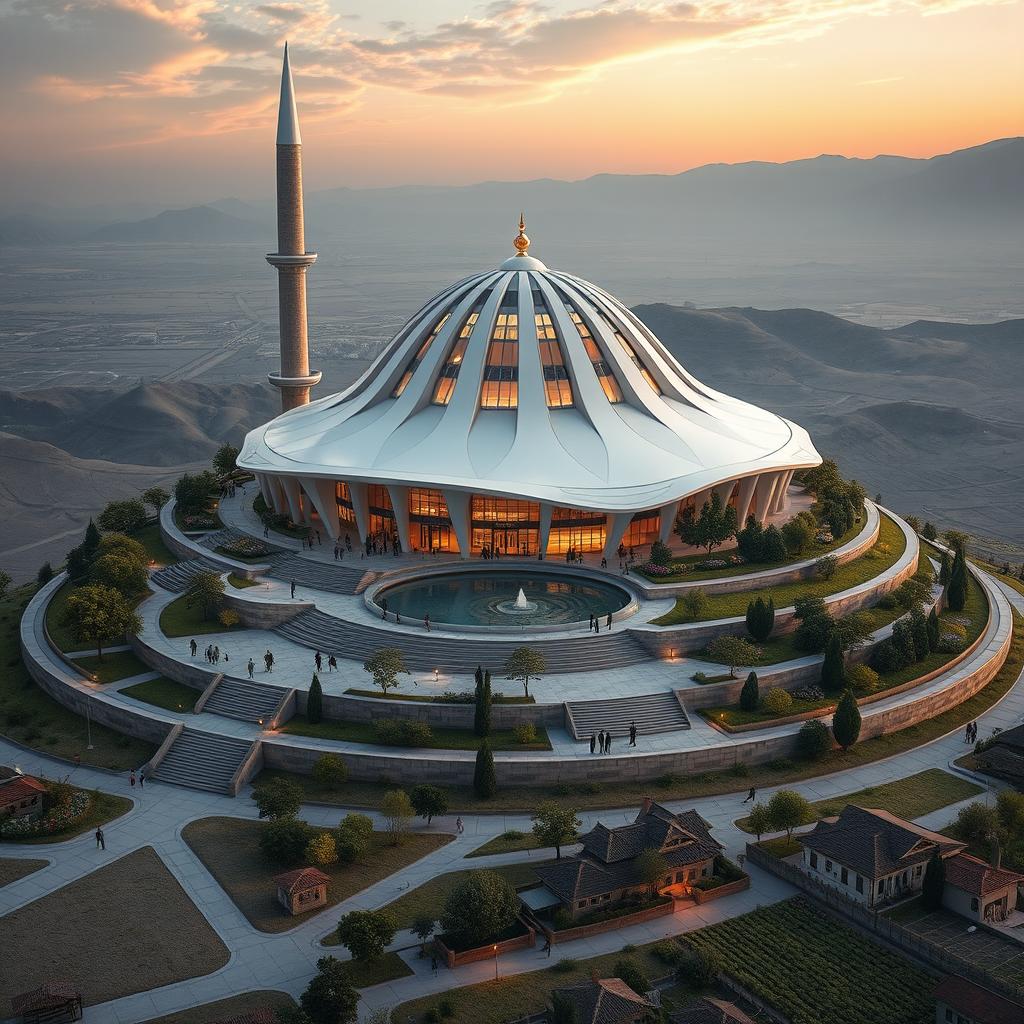 A grand modern mosque designed with bionic and futuristic architectural elements on a hill, evoking a sense of majesty and splendor