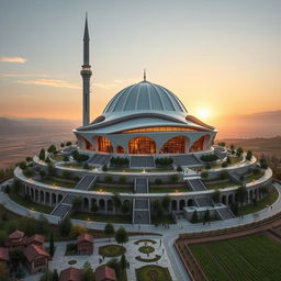 A grand modern mosque designed with bionic and futuristic architectural elements on a hill, evoking a sense of majesty and splendor