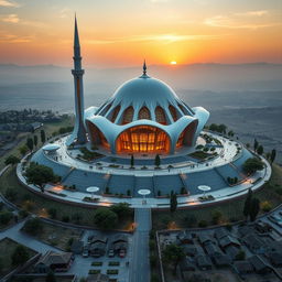 A grand modern mosque designed with bionic and futuristic architectural elements on a hill, evoking a sense of majesty and splendor