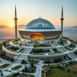 A grand modern mosque designed with bionic and futuristic architectural elements on a hill, evoking a sense of majesty and splendor