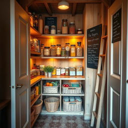 A beautifully organized pantry with a rustic aesthetic, featuring wooden shelves filled with glass jars of various colorful spices, grains, and snacks
