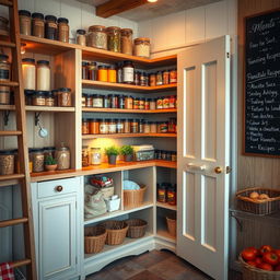 A beautifully organized pantry with a rustic aesthetic, featuring wooden shelves filled with glass jars of various colorful spices, grains, and snacks