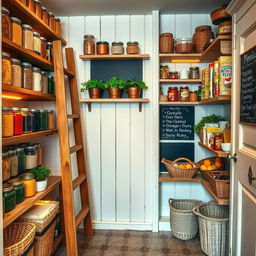 A beautifully organized pantry with a rustic aesthetic, featuring wooden shelves filled with glass jars of various colorful spices, grains, and snacks