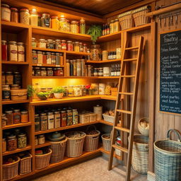 A beautifully organized pantry with a rustic aesthetic, featuring wooden shelves filled with glass jars of various colorful spices, grains, and snacks