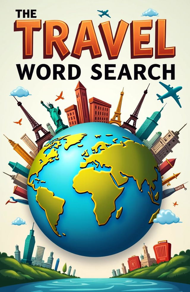 A captivating and adventurous book cover design for 'Travel Word Search'
