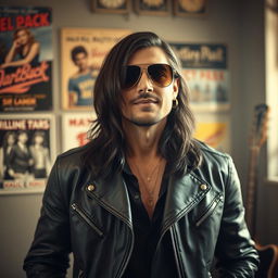 A striking portrait of a charismatic man with long dark hair and a charming smirk, wearing a stylish leather jacket and aviator sunglasses