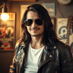 A striking portrait of a charismatic man with long dark hair and a charming smirk, wearing a stylish leather jacket and aviator sunglasses