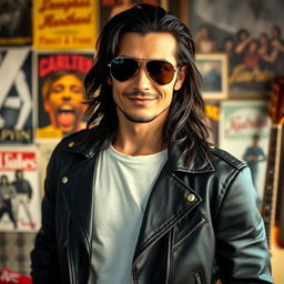 A striking portrait of a charismatic man with long dark hair and a charming smirk, wearing a stylish leather jacket and aviator sunglasses