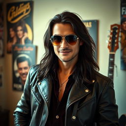 A striking portrait of a charismatic man with long dark hair and a charming smirk, wearing a stylish leather jacket and aviator sunglasses