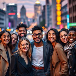 A group of diverse individuals of varying ethnicities, all smiling and showcasing their full faces, embodying joy and camaraderie