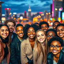 A group of diverse individuals of varying ethnicities, all smiling and showcasing their full faces, embodying joy and camaraderie