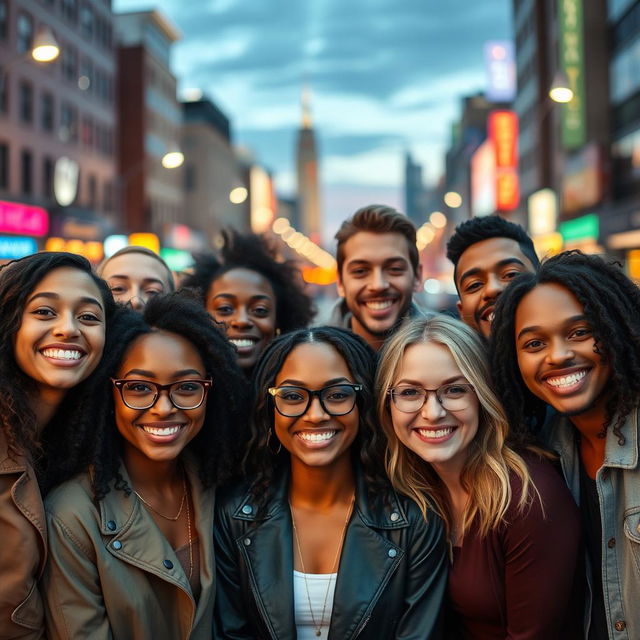 A group of diverse individuals of varying ethnicities, all smiling and showcasing their full faces, embodying joy and camaraderie