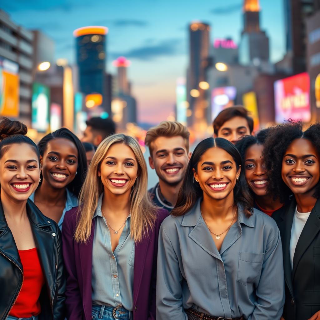 A group of diverse individuals of varying ethnicities, all smiling and showcasing their full faces, embodying joy and camaraderie