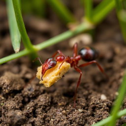 A close-up view of an ant carrying a tiny piece of bread, showcasing the ant's intricate details and the texture of the bread
