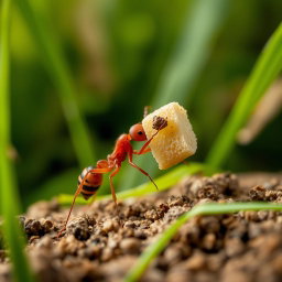 A close-up view of an ant carrying a tiny piece of bread, showcasing the ant's intricate details and the texture of the bread