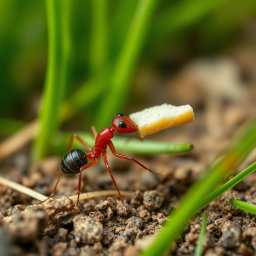 A close-up view of an ant carrying a tiny piece of bread, showcasing the ant's intricate details and the texture of the bread