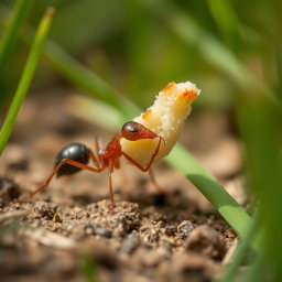A close-up view of an ant carrying a tiny piece of bread, showcasing the ant's intricate details and the texture of the bread