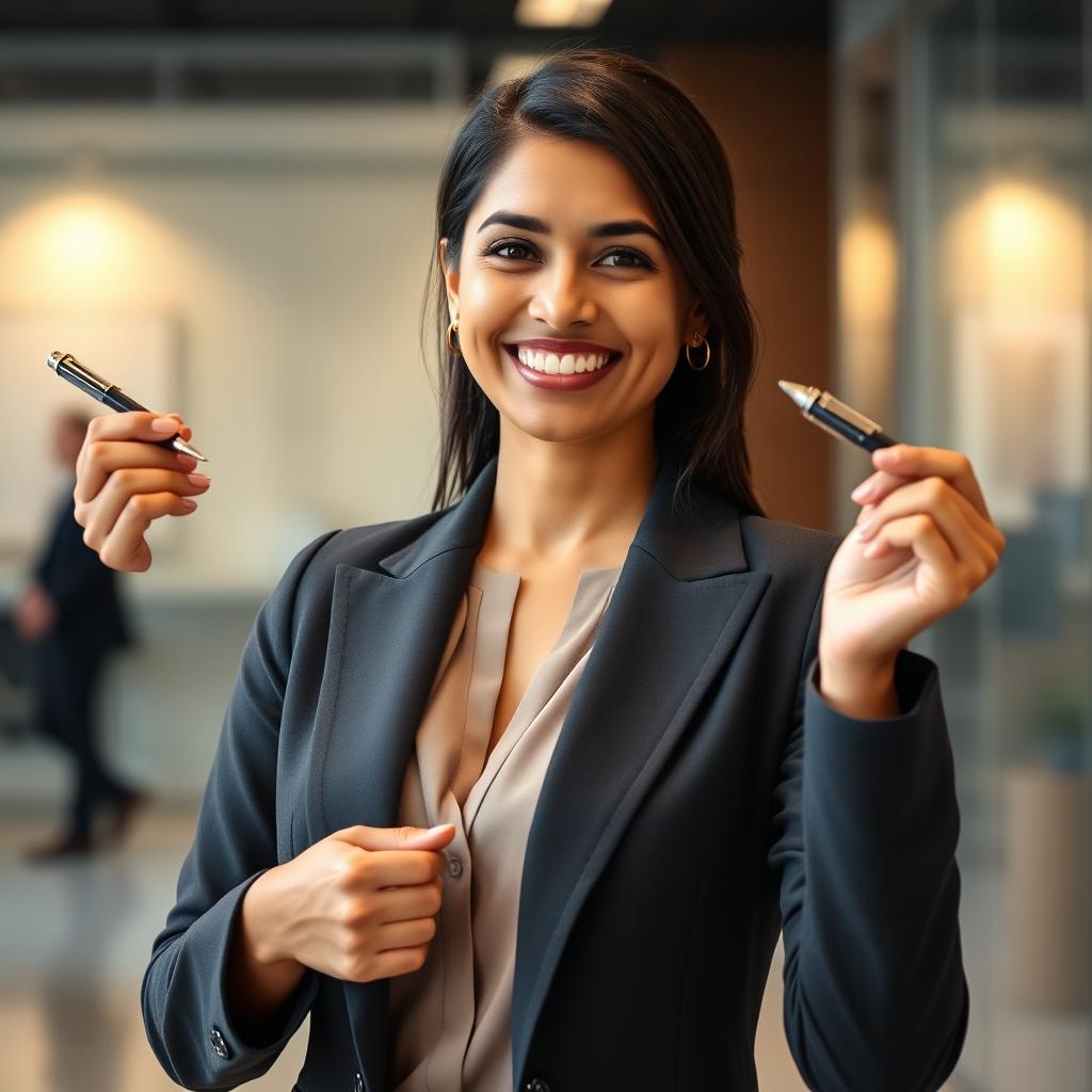 A Nepali professional woman, exuding confidence and experience, is skillfully juggling two pens, one held in each hand