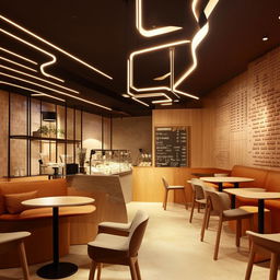 Interior design of a 10m x 10m coffee shop featuring a customer seating hall, warm lighting, stylish furniture, and an inviting counter.