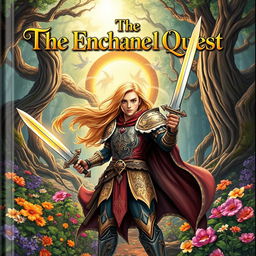 A beautiful, intricately illustrated fantasy book cover featuring a mystical forest filled with vibrant flowers and ancient trees