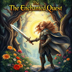 A beautiful, intricately illustrated fantasy book cover featuring a mystical forest filled with vibrant flowers and ancient trees
