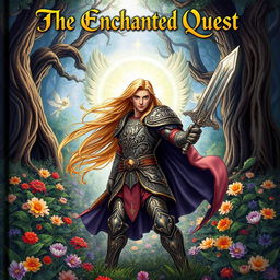 A beautiful, intricately illustrated fantasy book cover featuring a mystical forest filled with vibrant flowers and ancient trees