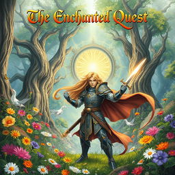 A beautiful, intricately illustrated fantasy book cover featuring a mystical forest filled with vibrant flowers and ancient trees