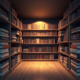 A cozy and inviting 3D background of a library, designed with soft and muted dark colors to create a warm yet slightly mysterious atmosphere