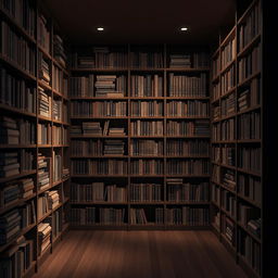A cozy and inviting 3D background of a library, designed with soft and muted dark colors to create a warm yet slightly mysterious atmosphere