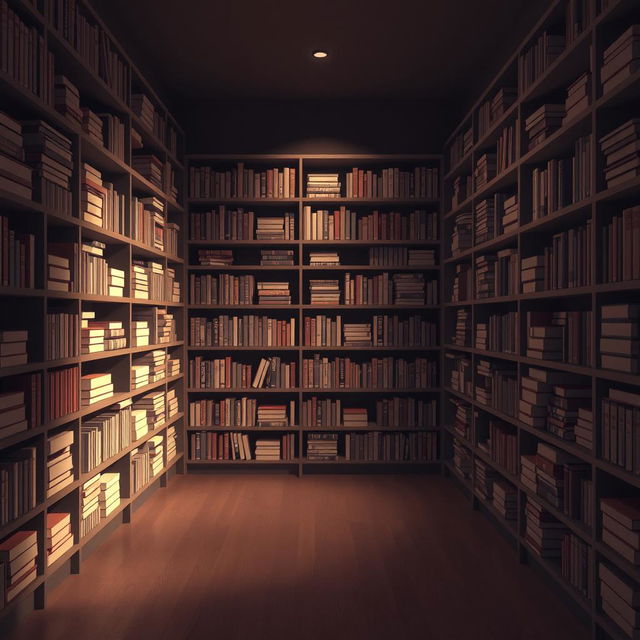 A cozy and inviting 3D background of a library, designed with soft and muted dark colors to create a warm yet slightly mysterious atmosphere