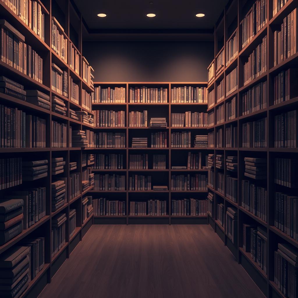 A cozy and inviting 3D background of a library, designed with soft and muted dark colors to create a warm yet slightly mysterious atmosphere