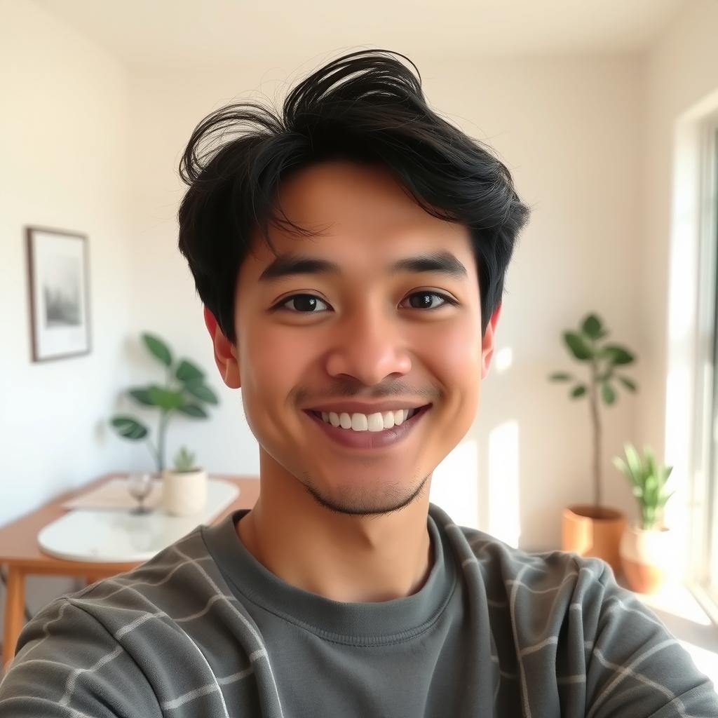 A profile picture featuring a person with a friendly smile, set in a cozy apartment background