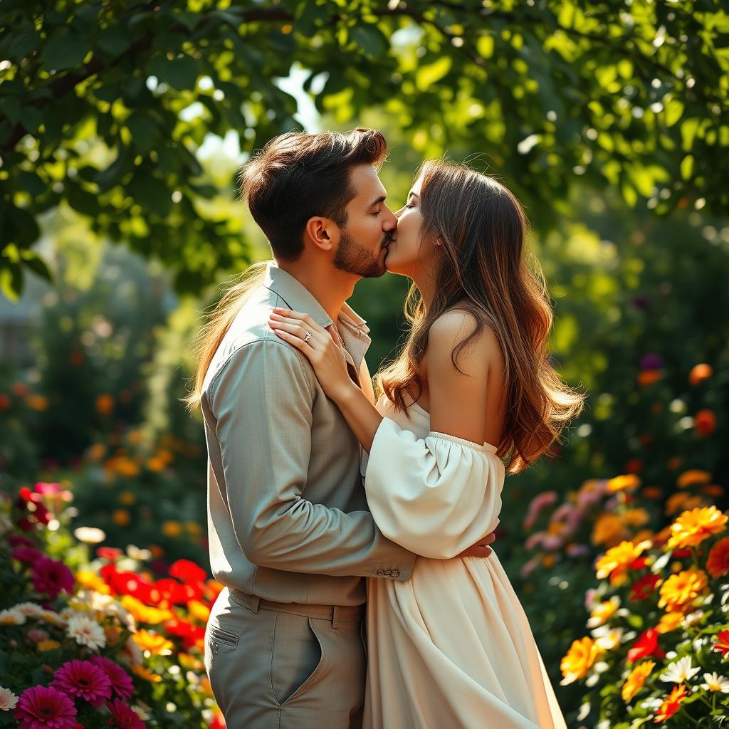 A romantic scene depicting a passionate kiss between two adults