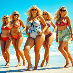 A stunning scene featuring beautiful, confident blonde women with curvy figures, each showcasing their voluptuous shapes