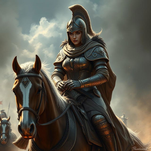 A powerful depiction of Gordafarid, the daughter of Ghodahm, as she prepares for battle with a fierce determination