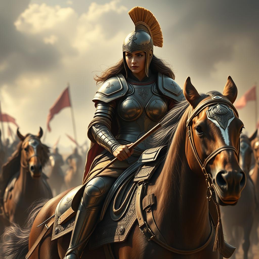 A powerful depiction of Gordafarid, the daughter of Ghodahm, as she prepares for battle with a fierce determination