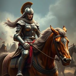 A powerful depiction of Gordafarid, the daughter of Ghodahm, as she prepares for battle with a fierce determination