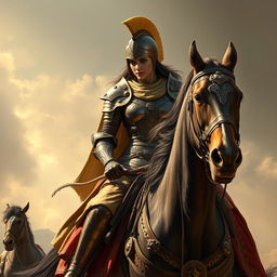 A powerful depiction of Gordafarid, the daughter of Ghodahm, as she prepares for battle with a fierce determination