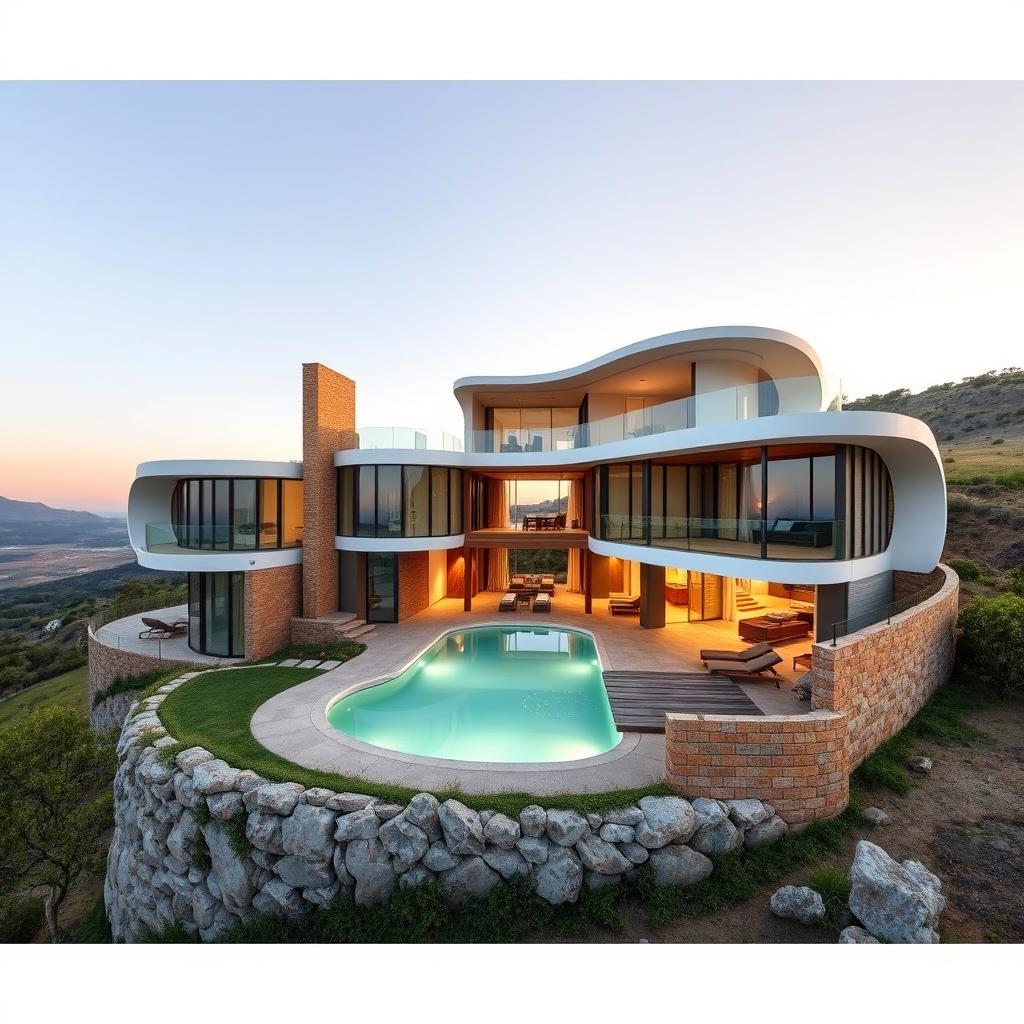 A serene rural villa perched on a hilltop, combining modern curved shapes with bionic and futuristic design elements