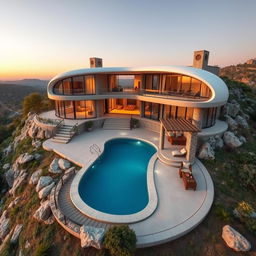 A serene rural villa perched on a hilltop, combining modern curved shapes with bionic and futuristic design elements