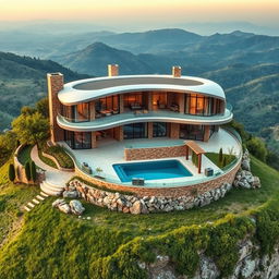 A serene rural villa perched on a hilltop, combining modern curved shapes with bionic and futuristic design elements