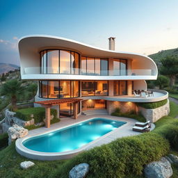 A serene rural villa perched on a hilltop, combining modern curved shapes with bionic and futuristic design elements
