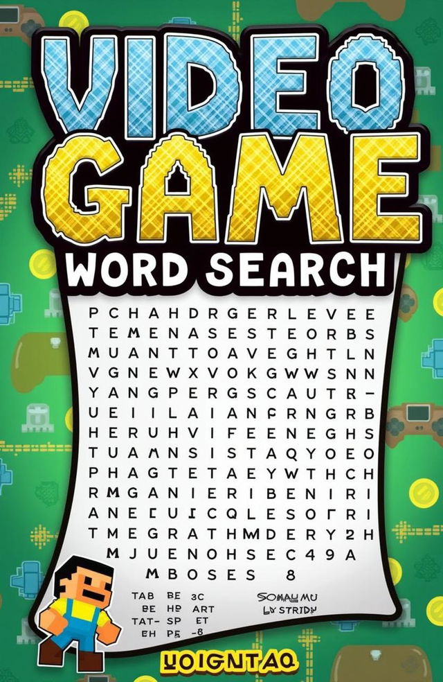A dynamic and eye-catching book cover design for 'Video Game Word Search'