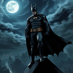 A dynamic and dramatic scene featuring Batman in his iconic dark costume, complete with the bat symbol on his chest and a flowing cape, standing on a Gothic rooftop under a full moon