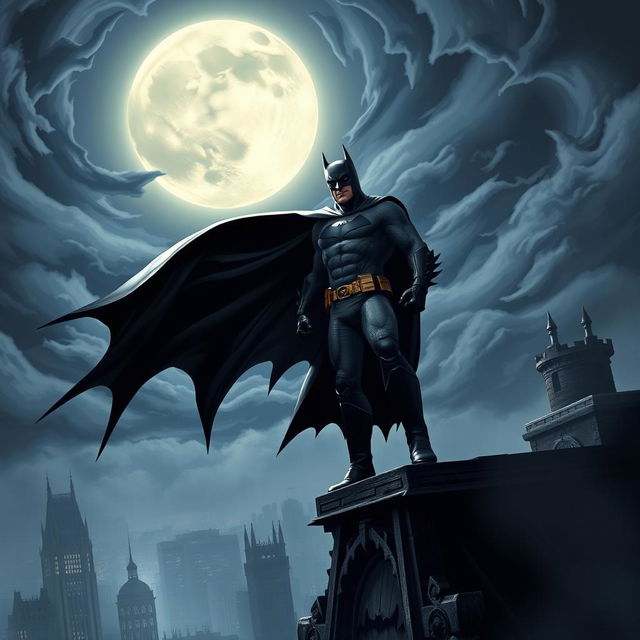 A dynamic and dramatic scene featuring Batman in his iconic dark costume, complete with the bat symbol on his chest and a flowing cape, standing on a Gothic rooftop under a full moon