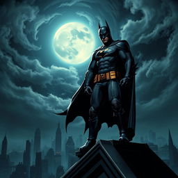 A dynamic and dramatic scene featuring Batman in his iconic dark costume, complete with the bat symbol on his chest and a flowing cape, standing on a Gothic rooftop under a full moon